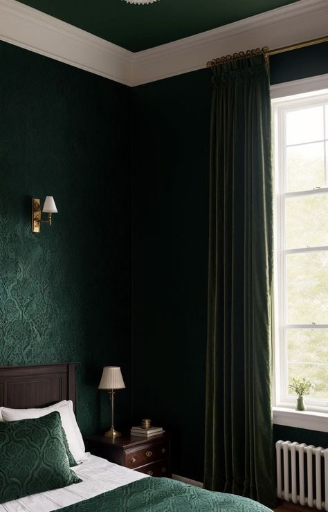 Hunters Green Bedroom, Dark Green Walls Curtains, Dark Green Curtains Bedroom, Emerald Green Black And Gold Bedroom, Emerald Green Velvet Curtains, Dark Green Bedspread, Green Velvet Curtains Bedroom, Slytherin Inspired Bedroom, Dark Green Bedrooms