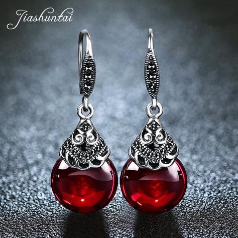 JIASHUNTAI Retro 100% 925 Sterling Silver Round Garnet Drop Earrings For Women Natural Red Gemstone Ruby Fine Jewelry Best Gifts http://garbarmy.com/products/jiashuntai-retro-100-925-sterling-silver-round-garnet-drop-earrings-for-women-natural-red-gemstone-ruby-fine-jewelry-best-gifts Vintage Garnet Earrings, Garnet Drop Earrings, Red Garnet Earrings, Marcasite Earrings, Natural Stone Earrings, Artisan Earrings, Red Gemstones, Garnet Earrings, Ruby Earrings