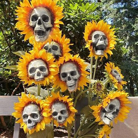 PRICES MAY VARY. 💀【Unique appearance】Halloween Decoration Skull Thrilling and creative sunflower shape. These scary skeleton flowers guard your garden, making your garden mysterious and strange. 💀【Perfect Outdoor Decoration】These sunflower skeleton head decorations make your garden look more unique. A great embellishment to create an odd ambiance for your Halloween. 💀【Quality Materials】Made from high-quality material, durable, for all-season to use, these are beautiful and low maintenance.（si Front Yard Halloween Decorations, Flower Garden Decorations, Happy Halloween Pictures, Decorations Bedroom, Scream Halloween, Ghost Diy, Halloween Costumes College Girls, Creepy Halloween Decorations, Easy Halloween Decorations