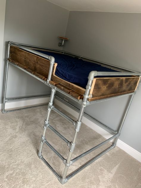 Industrial Pipe Loft Bed, Pipe Bed Frame, Rustic Bunk Beds, Small Room Setup, Loft Beds For Small Rooms, Industrial Bed, Industrial Pipe Furniture, Beds For Small Rooms, Loft Bunk Beds