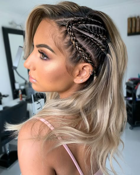 Braids Hairstyles Festival, Small Side Braid Hairstyles, Music Festival Hair Braids, Braids On One Side Of Head, Half Head Braided Hairstyles, Viking Cornrows, Half Braided Hairstyles Side, Half Side Braided Hairstyles, Hair Styles Trends 2024