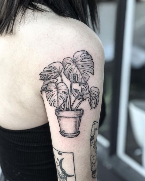 Dawn Davis on Instagram: “A potted monstera for Madi! 🌿 。 。 。 #blackwork #btattooing #tattoodo #blxckink #txttoo #blackworkerssubmission #parloiruk #tattoo…” Monstera Deliciosa Tattoo, 1988 Tattoo, Monstera Pot, Pot Tattoo, Monstera Tattoo, Flower Tattoo Meanings, Men's Small Tattoo, Beautiful Flower Tattoos, Plant Tattoo