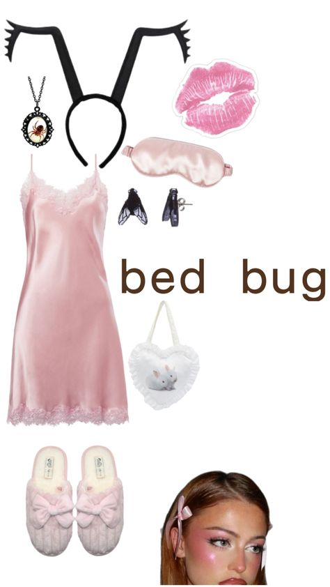 fancy dress pink bed bug halloween costume idea for girls women Pink Robe Halloween Costume, 2010s Halloween Costumes, Bug Halloween Costume Women, Bug Costume Women, Halloween Costumes With Pink Dress, Lottie Halloween Costume, Girly Costumes For Halloween, Cutesy Halloween Costumes, Slip Dress Halloween Costume