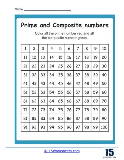 Color all Prime Numbers Worksheet - 15 Worksheets.com Prime Numbers Worksheet, Prime And Composite Numbers, Math Integers, Number Grid, Composite Numbers, Prime And Composite, Numbers Worksheet, Holiday Science, Kindergarten Social Studies