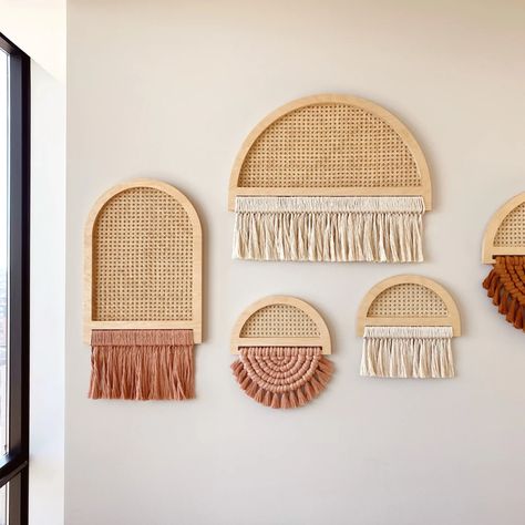 Wood Macrame Wall Hangings, Rattan Wall Decor Nursery, Retro Wall Hanging, Rattan Wall Hanging, Mid Century Modern Macrame, Cane Wall Decor, Wood And Macrame, Boho Wall Decor Ideas, Round Macrame Wall Hanging