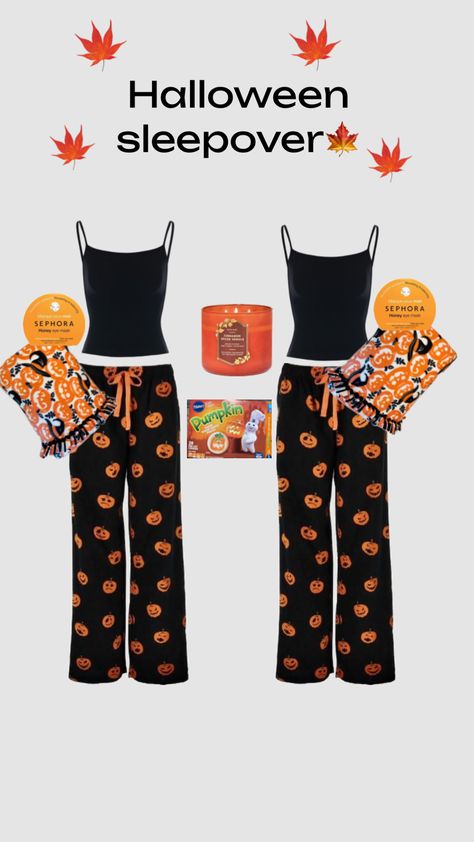 Aesthetic Halloween Pajamas, Matching Fall Outfits For Best Friends, Halloween Comfy Outfit, Matching Halloween Pajamas Best Friends, Matching Halloween Pajamas Friends, Halloween Pjs Matching, Fall Aesthetic Sleepover, Cute Fall Pjs, Halloween Matching Pajamas