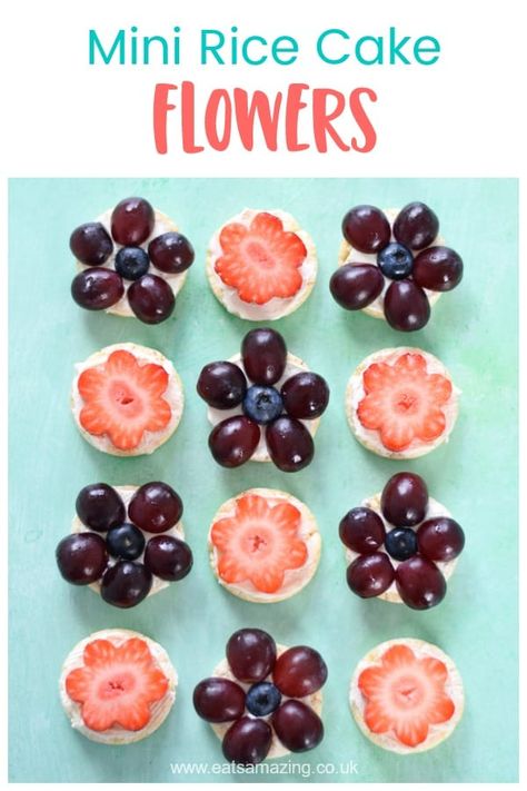 How to make cute and easy mini rice cake flowers - fun healthy party food idea for kids #EatsAmazing #partyfood #kidsfood #funfood #foodart #healthyrecipes #ricecake #fruit #cutefood #flowers #healthykids Rice Cake Flowers, Spring Themed Snacks For Kids, Flower Snack Ideas, Flower Snacks For Preschool, Flower Snacks For Kids, Flower Themed Snacks, Flower Theme Food, Flower Themed Party Food, Flower Party Food