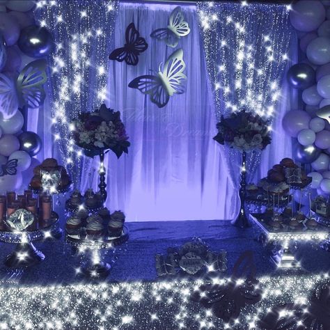 Butterfly Theme Debut Backdrop, Debut Butterfly Theme Ideas, Blue Butterfly Themed Sweet 16, Butterfly Themed Debut Party, Navy Blue Quince Main Table, Blue Butterfly Themed Birthday Party Backdrop, Sweet 16 Butterfly Theme Decorations, Sweet 15 Theme Ideas, Butterfly Quince Theme Blue