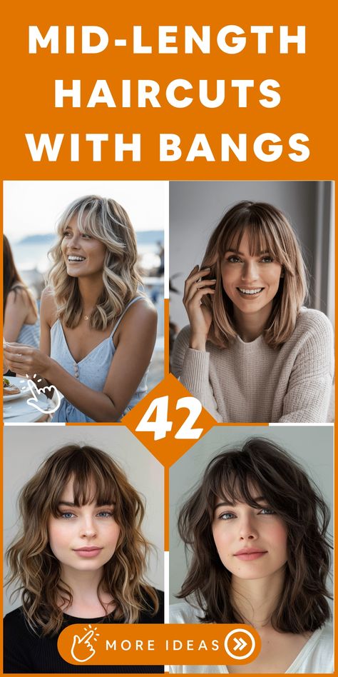 Discover a sophisticated and stylish change for your hair by exploring mid-length haircuts with bangs. This versatile hairstyle not only adds a touch of elegance but also beautifully frames your face. Embrace a fresh and modern look that is both trendy and low-maintenance. Elevate your style effortlessly with mid-length haircuts featuring bangs for a chic update that will turn heads wherever you go! Medium Length Bangs Haircut, Midlength Haircuts With Bangs, Mid Length Hair With Bangs, Mid Haircuts, Soft Blonde Hair, Collarbone Length Hair, Middle Hair, Chic Hairstyle, Low Maintenance Haircut