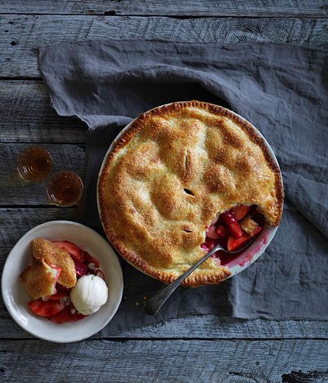 Apple, rhubarb and raspberry pie with toasted almond ice-cream :: Gourmet Traveller Sweet Pie Recipes, Sour Cream Pastry, Apple Rhubarb, Crepe Suzette, Almond Ice Cream, Raspberry Rhubarb, Classic Apple Pie, Raspberry Pie, Baking Classes