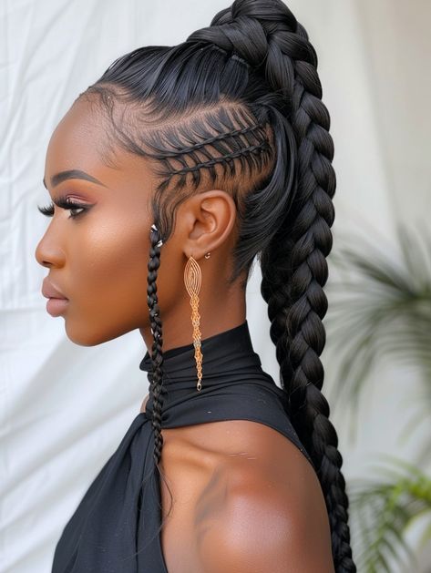 Introducing a braid to your high ponytail adds a touch of whimsy and sophistication, making it a fantastic option for weddings or formal occasions. This style is especially flattering for black women with long hair, as it showcases the texture and length. Long Braid Ponytail Hairstyles, High Pony Braid, Pony Tailed Hairstyle Black Women, Braided Up Ponytail, Ponytail With Braid, Sleek High Ponytail, High Ponytail Braid, Long Braided Ponytail, High Ponytail Styles