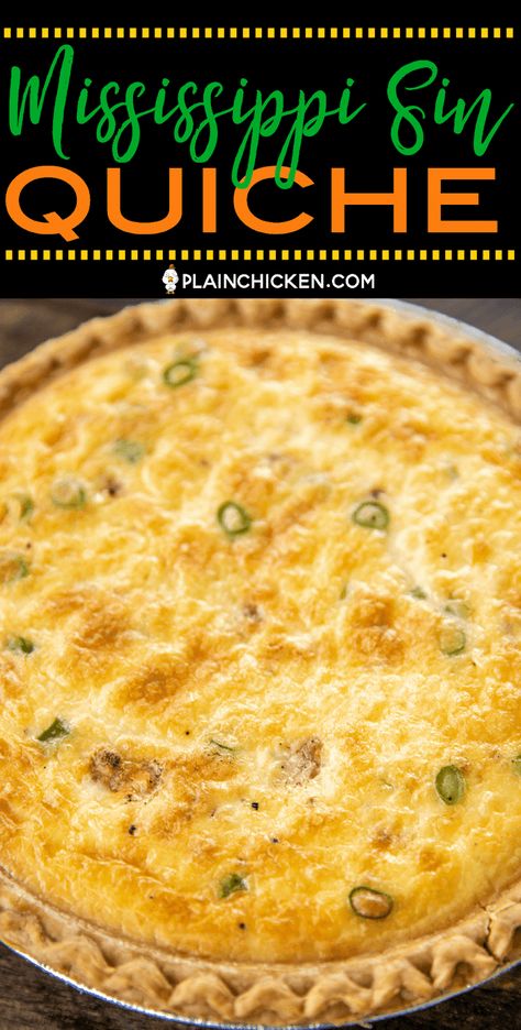 Mississippi Sin Quiche - all the flavors of our favorite dip in a quiche! Can make ahead and refrigerate or freeze for later. Ham, cream cheese, cheddar cheese, worcestershire sauce, green onion, hot sauce, sour cream, eggs, milk, pie crust. Everyone LOVED this delicious quiche!! I always double the recipe because this doesn't last long. SO good! #quiche #mississippisin #ham #breakfast #freezermeal Mississippi Sin Quiche Recipe, Mississippi Sin Quiche, Easy Egg And Cheese Quiche, Sausage Egg Cheese Quiche, Ham Egg And Cheese Quiche, Just Egg Quiche, Recipes Sour Cream, Milk Pie, Cheese Quiche Recipe