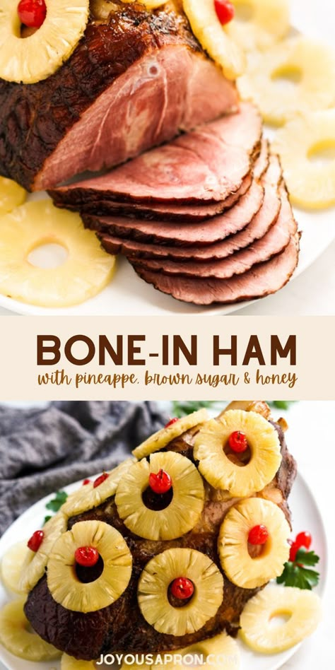 Baked Bone-in Ham - a centerpiece ham recipe for the holidays, glaze with brown sugar and honey, topped with pineapple rings. A great oven baked ham main dish for Thanksgiving and Christmas holidays. Bone In Ham Glaze, Thanksgiving Bone In Ham Recipes, How To Cook A Bone In Ham In The Oven, Oven Baked Bone In Ham, Baked Bone In Ham, Thanksgiving Ham With Pineapple, Baked Ham Recipes Oven Pineapple, Baked Ham Pineapple Brown Sugar, Roasted Ham With Pineapple