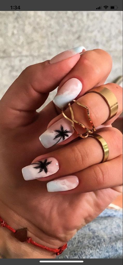 Palm Tree French Tip Nails, Nails With Palms, Outer Banks Inspired Nails, Vacation Nails Palm Trees, Tropical Nail Designs Beach Vacations, White Vacation Nails, French Manicure With Palm Tree, Beach Vacation Nail Ideas, Luau Nails