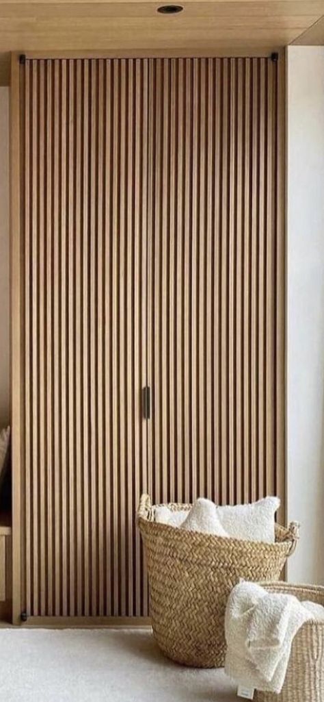 Tambour Door Closet, Slatted Door Wardrobe, Wooden Slat Wardrobe Doors, Slated Wood Closet Doors, Wood Slat Cupboard Doors, Fluted Wood Wardrobe, Paneling Closet Doors, Slated Wood Cabinet Diy, Wood Panelling Wardrobe Doors