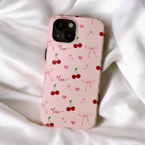 a cute kawaii phone case! 🩷 shop on etsy now 🛍️ Girly Phone Cases Pink, Cherry Phone Case, Red Iphone Case, Pink Phone Case, Girly Iphone Case, Red Iphone, Kawaii Phone, Girly Phone Cases, Kawaii Phone Case