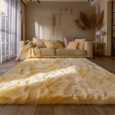 Yellow Rugs In Living Room, Yellow Rug Living Room, Golden Rug, Versace Interior, Fur Rug Living Room, Rug For Dorm, Fuzzy Carpet, Yellow Interior Design, White Couch Living Room