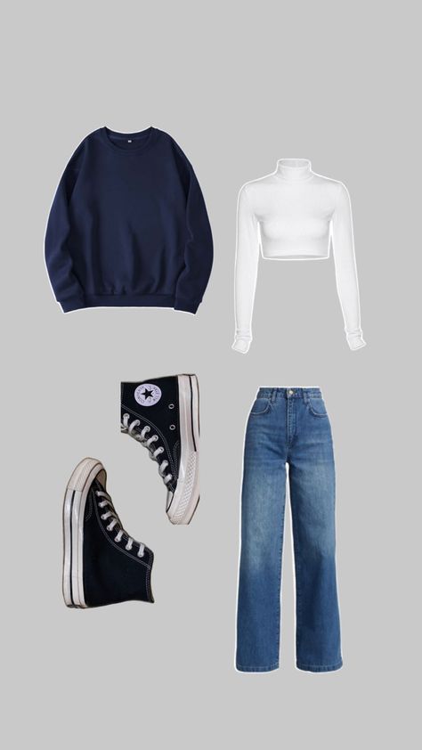 Basic white turtle neck navy blue sweatshirt crew neck black high top converse straight leg jeans outfit Turtle Neck Sweatshirt Outfit, Navy Converse Outfit, Navy Sweatshirt Outfit, Blue Converse Outfit, Blue Sweatshirt Outfit, Platform Converse Outfits, Straight Leg Jeans Outfit, Flannel Outfits Aesthetic, Crewneck Sweatshirt Outfit