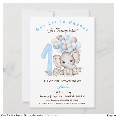 Create your own Invitation | Zazzle Elephant Birthday Party Boy, 1st Birthday Elephant Theme, First Birthday Invitation Cards, Elephant Birthday Party, Elephant First Birthday, Baby Birthday Invitations, Baby Boy 1st Birthday Party, Birthday Cute, Bday Invitations