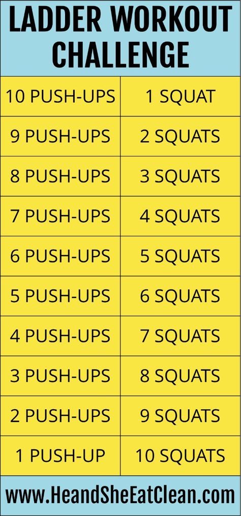 Ladder Workout Challenge: Push-Ups + Squats #cardio #treadmill #heandsheeatclean #HIIT #fitness #workout #pushups #squats Training Challenge, 12 Week Transformation, Ladder Workout, Cardio Treadmill, Short Workout, Health Living, Squat Workout, Health Vitamins, Push Ups