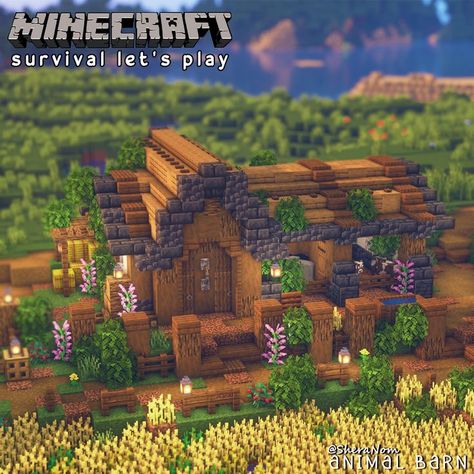 Medieval Barn Minecraft, Minecraft Medieval Barn, Minecraft Beautiful House, Amazing Minecraft Builds, Minecraft Barn Ideas, Dog House Minecraft, Minecraft Beautiful, Minecraft Barn, Minecraft Dogs