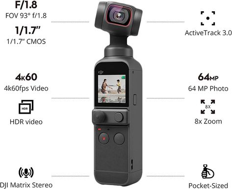 POCKET-SIZED: DJI Pocket 2 weighs only 116 g and offers up to 140 minutes of battery life. It fits perfectly in the palm of your hand so that you can take it anywhere. HIGH IMAGE QUALITY: An upgraded 1/1.7-inch sensor captures images with 64MP photo and 4K video. A sweeping 20mm f/1.8 lens provides a wide, vivid cinematic look. Material Photography, Dji Pocket 2, Dji Camera, Bts Clothes, Satellite Phone, Dji Osmo Mobile, Video Vlog, Best Dslr, Video Equipment