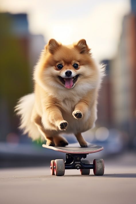 a realistic photography of a pomeranian dog skating in a city background. Pomeranian Wallpaper, Zodiac Sign For October, Pomeranian Art, Pomeranian Dogs, Dog Artwork, Pomeranian Dog, Pomeranian Puppy, Dog Wallpaper, Bundle Of Joy