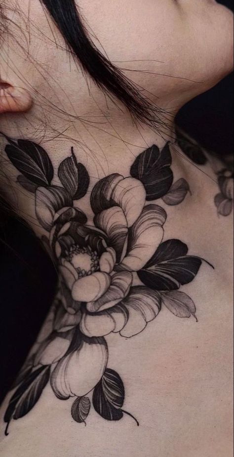 Neck Flower Tattoos Women, Cat Neck Tattoos Women, Neck Peony Tattoo, Peony Throat Tattoo, Peony Neck Tattoos Women, Peony Tattoo Neck, Neotrad Peony Tattoo, Flower On Neck Tattoo, Botanical Neck Tattoo