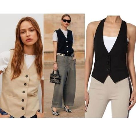 Styling Vest Women, How To Wear A Gilet Women, Waistcoat Style Women, How To Style A Black Waistcoat, Women Vests Outfits, How To Wear A Waistcoat, Suite Vest Outfits For Women, Tshirt With Vest Outfit, Vest Ideas For Women Casual