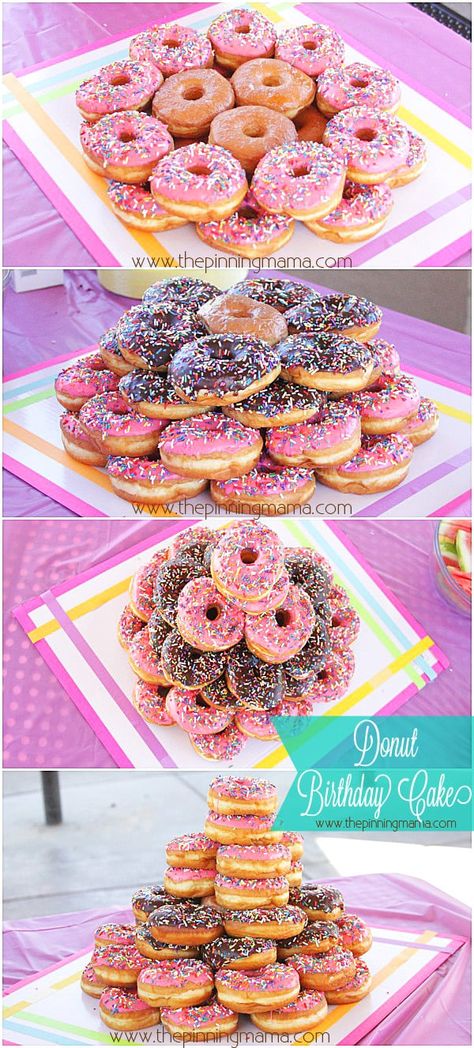 DIY Donut Cake for a Donut Themed Birthday Party! So Easy! How To Make A Donut Cake Tower, Tower Donut Cake, How To Make A Donut Cake, Donut Tower Diy, Donut Tower Cake Birthday, Donut Tower Birthday, Diy Donut Tower, Donut Cake Tower, Donut Tower Cake