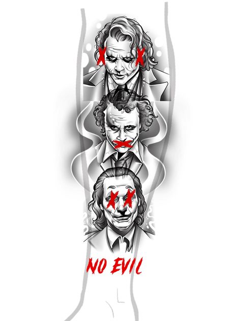 Hear No Evil See No Evil Tattoo Joker, Heath Ledger Joker Tattoo Design, Best Forearm Tattoos For Men Ideas, Joker Tattoo Ideas For Men, Joker Tattoo Stencil, Get Rich Or Die Trying Tattoo, Boondocks Tattoo Designs, Hood Tattoo For Men, Boondocks Tattoo