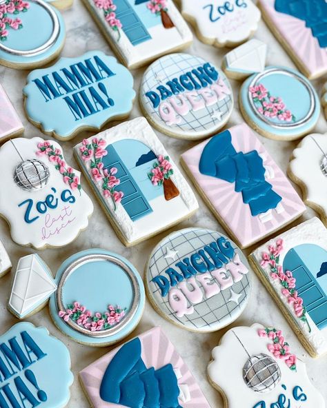 Mama Mia… Zoe is getting married!! 💕 | Instagram Dancing Queen Cookies Decorated, Mama Mia Shes Getting Married, Mama Mia Birthday Theme Ideas, Mamma Mia Engagement Party, Mama Mia Cookies Decorated, Momma Mia Party Ideas, Mamma Mia Cookies Decorated, Dancing Queen Cookies, Mama Mia Food Ideas