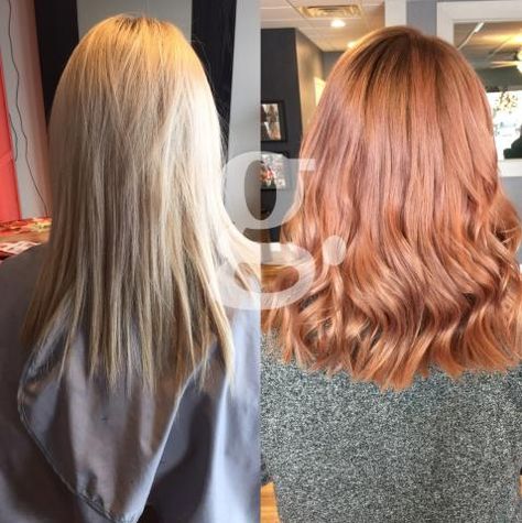 Gabrielle Grzegorczyk of G. Creative Studio Salon, A Paul Mitchell Focus Salon in Freeland, Michigan, caught our eye with this beautiful transformation. "My guest Bridget has been coming to me for almost a year now," says Grzegorczyk. "We have always kept her what I like to call a 'Beyond Blonde' - an icy icy white. This time she wanted change. Brunette Red Highlights, Rose Gold Hair Brunette, Rose Gold Blonde, Peach Hair Colors, Pro Hair, Balayage Ombré, Hair Color Formulas, Dark Roots Blonde Hair, Light Ash Blonde