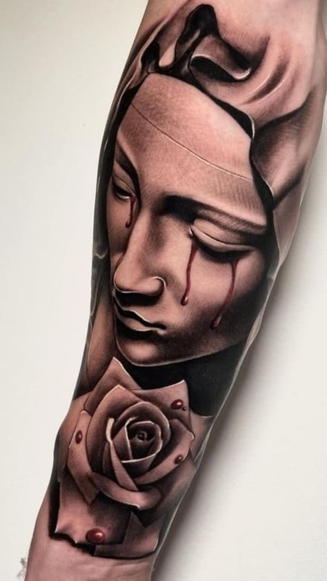 Virgin Mary Tattoo Sleeve, Small Bicep Tattoo, Maria Tattoo Design, Virgin Mary Tattoo Forearm, Virgin Mary Arm Tattoo Women, Mens Arm Sleeve Tattoos, Virgin Mary Tattoo Design, Virgen Mary Forearm Tattoo, Virgin Mary Tattoo Forearm Men