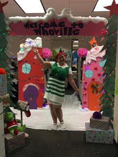 Diy Welcome To Whoville Arch, Whoville Christmas School Hallway, Whooville Cubicle Decorations, Whoville Christmas Decorations Office, Who Ville Decorations, The Grinch Stole Christmas Decorations, Whoville Hallway Decorations, Who Ville Decorations Christmas Ideas, Grinch Classroom Decorations