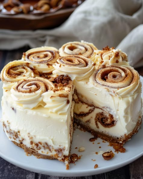 Cinnamon Roll Cheesecake with Cream Cheese Frosting Cinnamon Roll Cheesecake With Cream Cheese Frosting, Cinnamon Roll Cheesecake With Cream Cheese Icing, Cinnamon Roll Cheesecake Recipes, Roll Desserts, Cream Cheese Cake Recipes, Cinnamon Roll Desserts, Dessert Favorites, Roll Cheesecake, Cinnamon Cheesecake