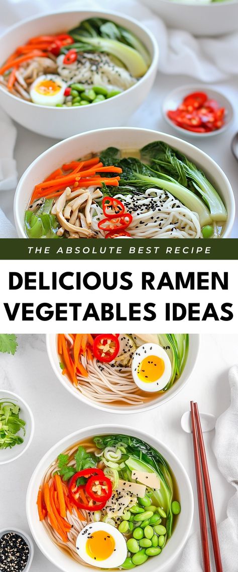 Image for Delicious Ramen Vegetables Ideas Ramen With Vegetables, Toppings For Ramen, Cheap Ramen Recipes, Ramen Packet Recipes, Ramen Vegetables, Ramen Seasoning Recipe, Vegetables Ideas, Veggie Ramen, Vegetable Ramen