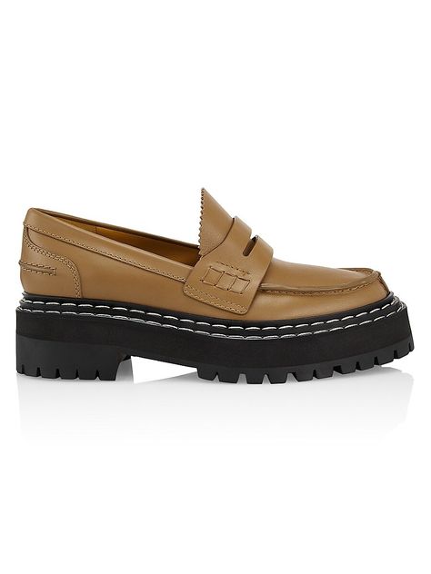 "Find PROENZA SCHOULER Leather Lug-sole Loafers on Editorialist. Set on a chunky lug sole, these Proneza Schouler loafers are finished with contrast stitching. Round toe Slips on Leather upper Rubber sole Made in Italy SIZE Block heel: about 1\" (25mm) ABOUT THE BRAND Designers Jack McCollough and Lazaro Hernandez collaborated on their senior thesis at NYC's Parsons School of Design in 2002, which led to the official launch of Proenza Schouler-an homage to their mothers' maiden names. Their inno Parsons School Of Design, Chunky Shoes, Ralph Lauren Collection, Versatile Outfits, Dark Beige, Lug Sole, Proenza Schouler, Designer Outfits Woman, Favorite Things Gift