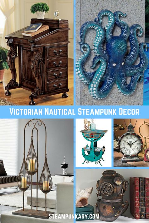 Victorian Nautical Steampunk Decor from Design Toscano#designtoscano #victorian #nautical #steampunk #decor #beachhouse #homedecor #victoriandecor #steampunkdecor #nauticaldecor #beachhousedecor #lakehouse Steampunk Library, Nautical Steampunk, Décor Steampunk, Repurpose Diy, Punk Decor, Diy Nautical Decor, Steampunk Christmas, Steampunk Ideas, Nautical Theme Decor