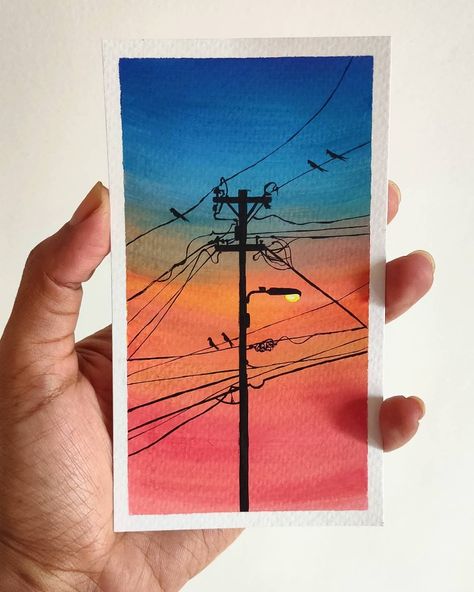 Gouache colors on a mini watercolor sheet Cute Mini Watercolor Paintings, Mini Nature Paintings, Gouache Mini Painting, Mini Paintings Watercolor, Mini Watercolor Painting, Gouache Sky, Mini Watercolor Paintings, Sunset Watercolor Painting, Sunset Canvas Painting