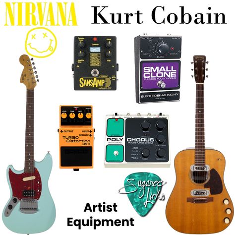 Poly want a cracker?  Kurt Cobain and Nirvana hit the scene my first year of college and blew me away!  His MTV Unplugged performance was magical.  Kurt's choice of guitar effect pedals was pretty simple:  distortion and chorus.    Tech 21 SansAmp:  Distortion "In Utero" Era  Electro-Harmonix Small Clone:  Chorus  BOSS DS-2:  Distortion (Kurt switched between DS-1 and DS-2)  Electro-Harmonix PolyChorus    Kurt Cobain's 1959 Martin D-18E guitar which he played at the MTV Unplugged in 1993 just so Kurt Cobain Pedal Board, Kurt Cobain Guitar, Writing Songs Inspiration, E Guitar, Nirvana Music, Diy Guitar Pedal, Guitar Strumming, In Utero, First Year Of College