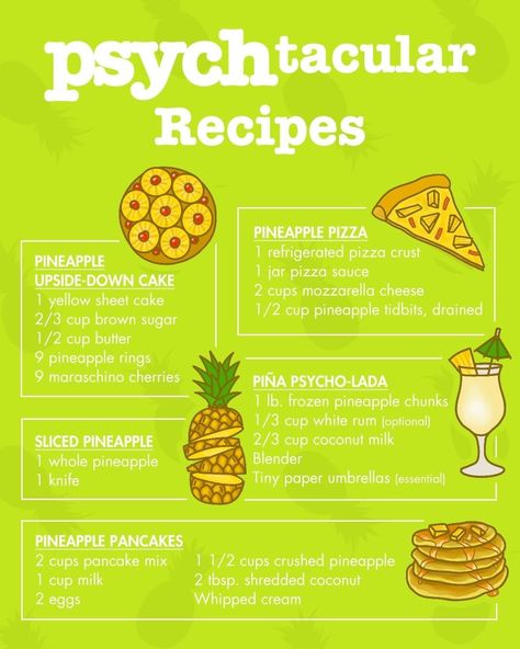 Psych on Instagram: “Are you a fan of delicious flavor?” Psych Recipes, Psych Birthday Party, Psych Party, Psych Pineapple, Shules Psych, Pineapple Pancakes, Psych Tv Show Art, Psych Tv Show, Pineapple Rings