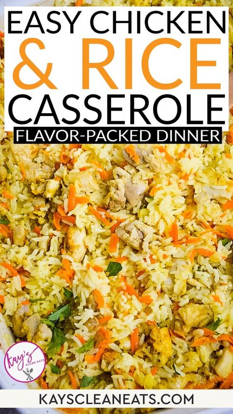 This easy Chicken and Rice Casserole is a simple dish that makes the tastiest dinner. This dish is family-friendly and packs a ton of flavor. This is a great no-fuss meal, serve it with a salad or your favorite veggie side dish and you got yourself a complete meal. The kids absolutely love this Chicken and Rice Casserole! Likely, you have everything on hand to make this delicious meal too! Not to mention this is a extreemly budget-friendly recipe as well! Make this Easy Chicken And Rice Casserole Recipe! | @kayscleaneats Simple Chicken And Rice Casserole, Chicken Carrots Recipe, Easy Chicken And Rice Casserole, Easy Chicken Rice Casserole, Mixed Vegetable Casserole, Chicken Rice Casserole Recipes, Chicken And Vegetable Casserole, Chicken And Rice Casserole Recipe, Chicken Casserole Recipes Healthy