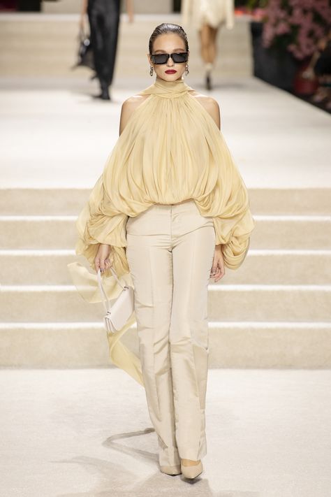 LOOK 65 - RUCHED CUTOUT CHIFFON TOP, STRAIGHT-LEG TAFFETA PANTS

#CONGTRI
#CONGTRIbyNguyenCongTri
#CTSS24 #Springsummer2024 Luxury Sheer Spring Sets, Luxury Sheer Spring Clothing Set, Taffeta Pants, Runway Tops, Luxury Spring Avant-garde Blazer, Versace Spring 2024, Chiffon Outfit, Luxury Avant-garde Spring Skirt, Cong Tri