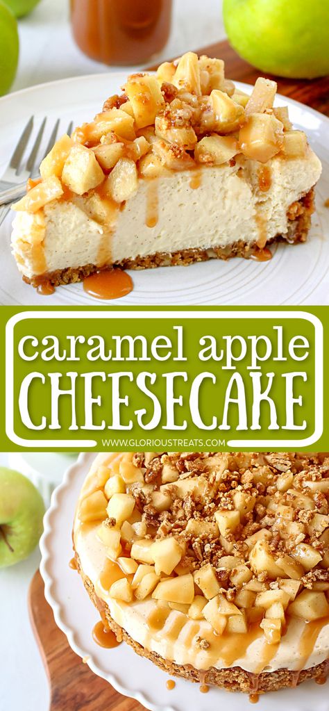 Easy Caramel Apple Cheesecake, Caramel Apple Cheesecake Recipes, Apple Cheesecake Recipes, Fall Cheesecake, Thanksgiving Cheesecake, Dessert Fall, Apple Pie Cheesecake, Cinnamon Cheesecake, Cheesecake Toppings