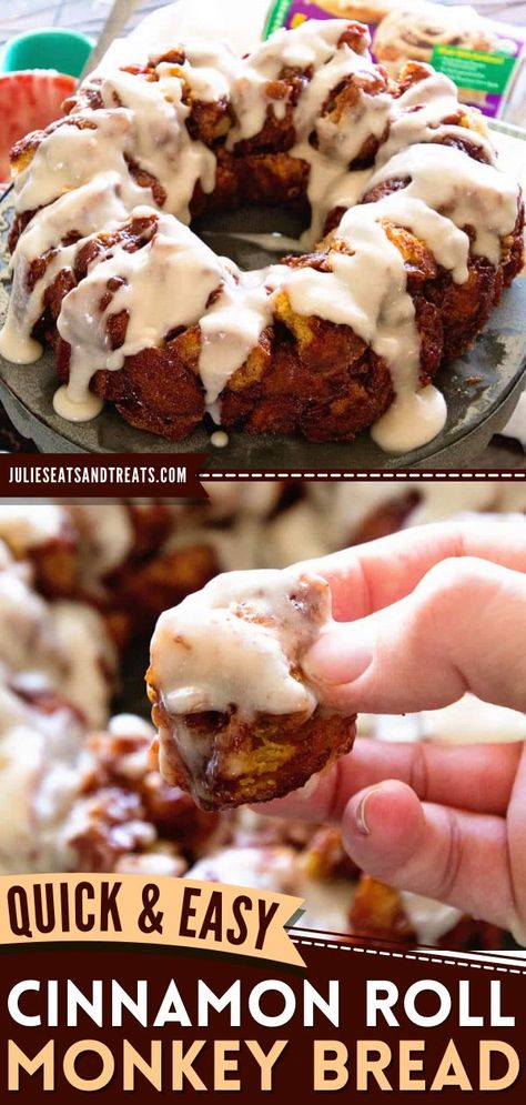 Easy Cinnamon Roll Monkey Bread, fall recipes, holiday baking recipes Sweet Monkey Bread, Monkey Bread With Cinnamon Rolls, Easy Christmas Breakfast Ideas, Tv Snacks, Biscuit Monkey Bread, Cinnamon Bread Easy, Overnight Oats Recipe Easy, Breakfast Dessert Recipes, Easy Monkey Bread