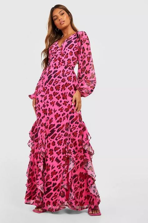 Animal Print Ruffle Detail Maxi Dress | boohoo Zebra Print Dresses, Cute Night Out Outfits, Bold Shoes, Neutral Shoes, Zebra Print Dress, Animal Print Dress, Red Dress Maxi, Night Out Outfit, Leopard Print Dress