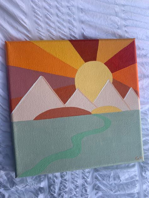 Excited to share this item from my #etsy shop: Large Mountain Sunrise Painting #stretchedcanvas #office #abstract #plantstrees Geometric Sunset Painting, Mountain Sunrise Painting, Simple Mountain Painting, Mountains Art Painting, Mountain Sunset Painting, Sunset Painting Easy, Summer Boot, Hexagon Canvas, Mountain Sunrise