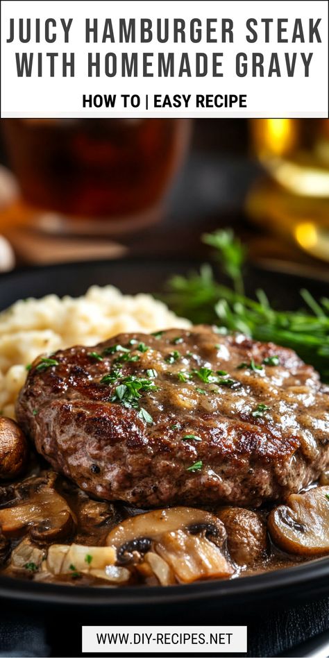 Try this juicy hamburger steak recipe! Made with ground beef and topped with homemade mushroom and onion gravy for a comforting, satisfying dinner. Smothered Hamburger Patties, Hamburger Steak With Mushroom Gravy, Classic Hamburger, Steak With Mushroom Gravy, Beef Patties Recipes, Perfect Hamburger, Hamburger Steak Recipes, Hamburger Steak And Gravy, Hamburger Recipes Patty