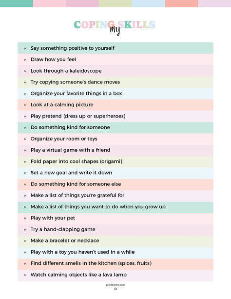 A free printable coping skills list with 24 activities, including drawing, organizing, setting goals, and playing calming games. Coping Skills Toolbox Ideas, Coping Skills List, Healthy Coping Strategies, Skills List, Journal Creative, Calming Pictures, Attendance Sheet, Personal Journal, Virtual Games